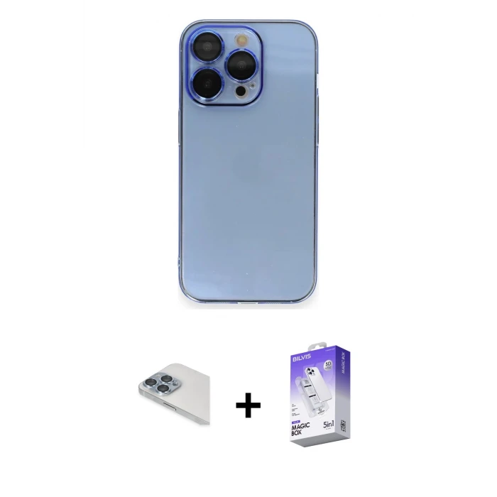 ieg™ iPhone 13 Pro Max Kılıf Siluet Minimal Özel Seri - Siyah Bilvis 5in1 3D Magic Cam Ekran Koruyucu + Sierra Blue Pers Alüminyum Kamera Lens