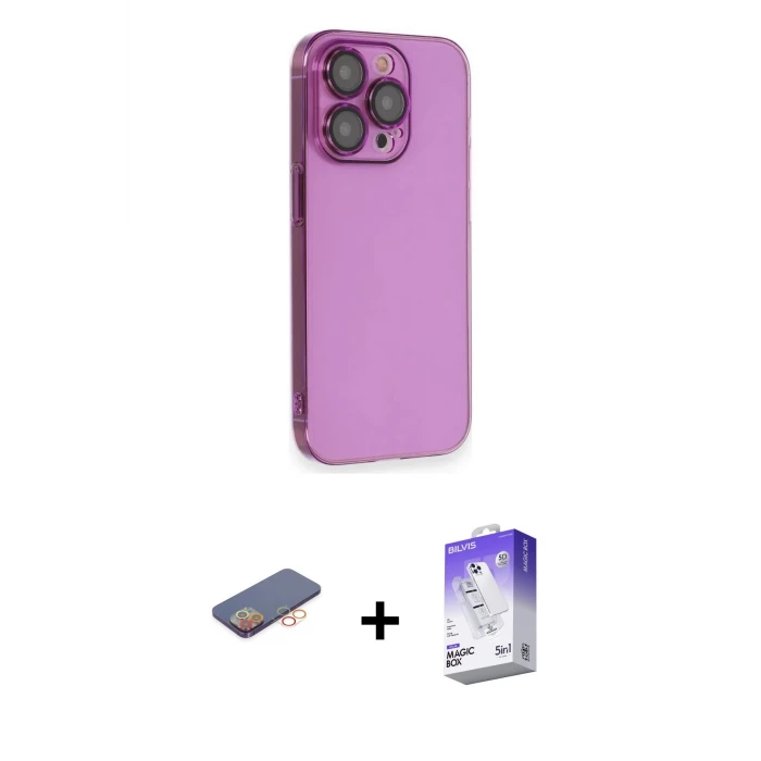 ieg™ iPhone 13 Pro Max Kılıf Siluet Minimal Özel Seri - Siyah Bilvis 5in1 3D Magic Cam Ekran Koruyucu + Turuncu Renkli Kamera Lens Koruma Cam