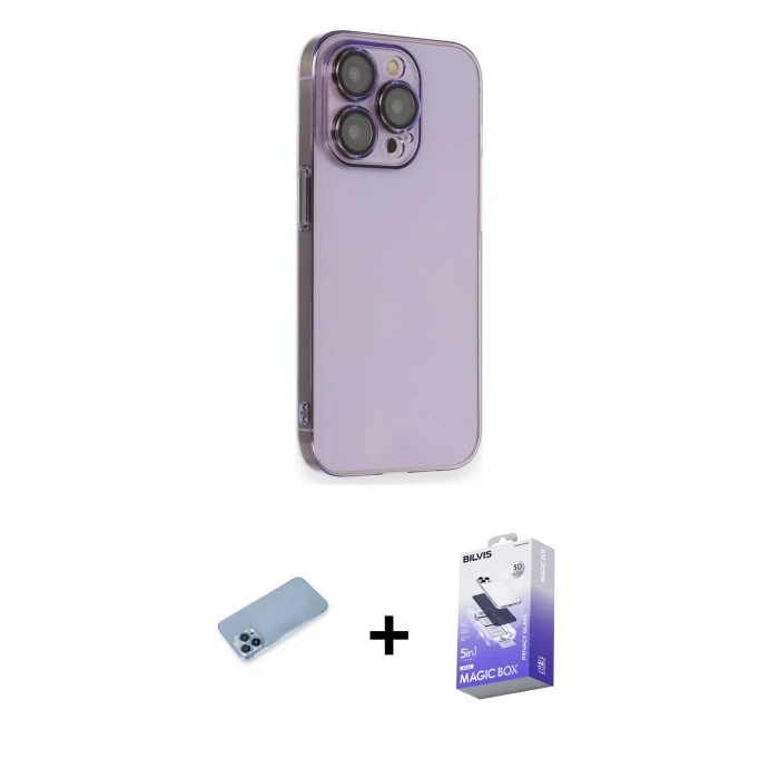 ieg™ iPhone 13 Pro Max Kılıf Siluet Minimal Özel Seri - Siyah Bilvis 5in1 5D Magic Hayalet Cam Ekran Koruyucu + Mavi Shine Kamera Lens Koruma Cam