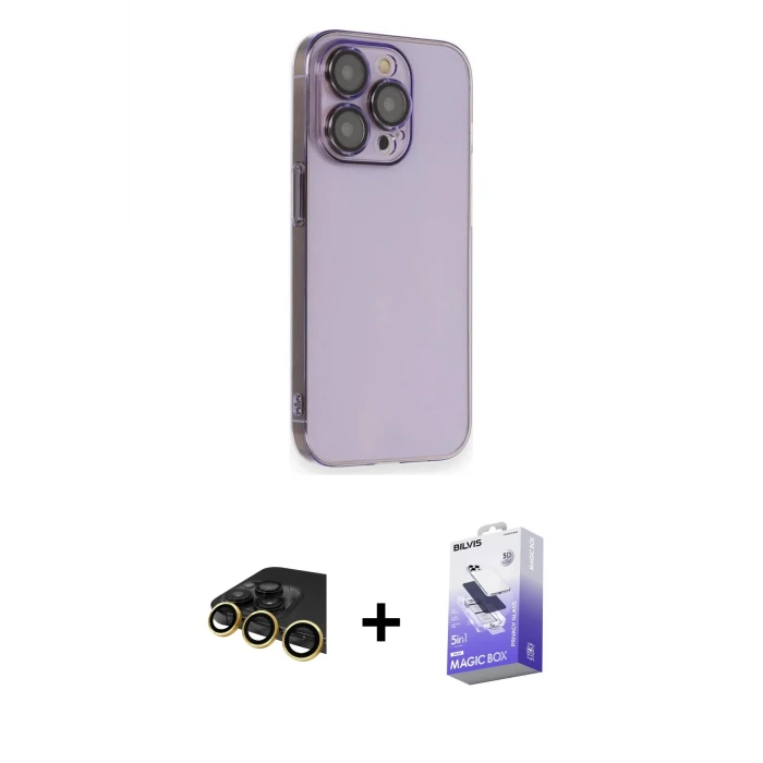 ieg™ iPhone 13 Pro Max Kılıf Siluet Minimal Özel Seri - Siyah Bilvis 5in1 5D Magic Hayalet Cam Ekran Koruyucu + Raze Metal Kamera Lens - GD