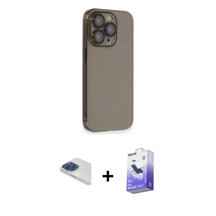 ieg™ iPhone 13 Pro Max Kılıf Siluet Minimal Özel Seri - Siyah Bilvis 5in1 5D Magic Hayalet Cam Ekran Koruyucu + Pers Alüminyum Kamera Lens - LT