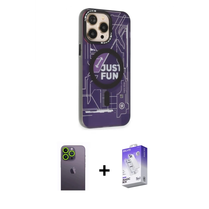 ieg™ iPhone 13 Pro Max Kılıf Siluet Modern Koleksiyonu - Siyah Bilvis 5in1 3D Magic Cam Ekran Koruyucu + Yeşil Neon Fosforlu Kamera Lens