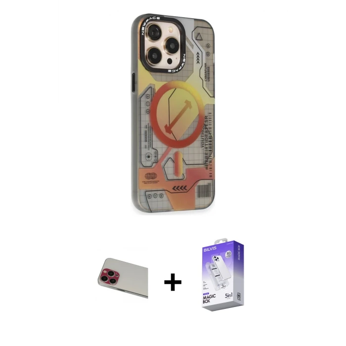 ieg™ iPhone 13 Pro Max Kılıf Siluet Modern Koleksiyonu - Siyah Bilvis 5in1 3D Magic Cam Ekran Koruyucu + Rainbow Kamera Lens Koruma Cam - KI