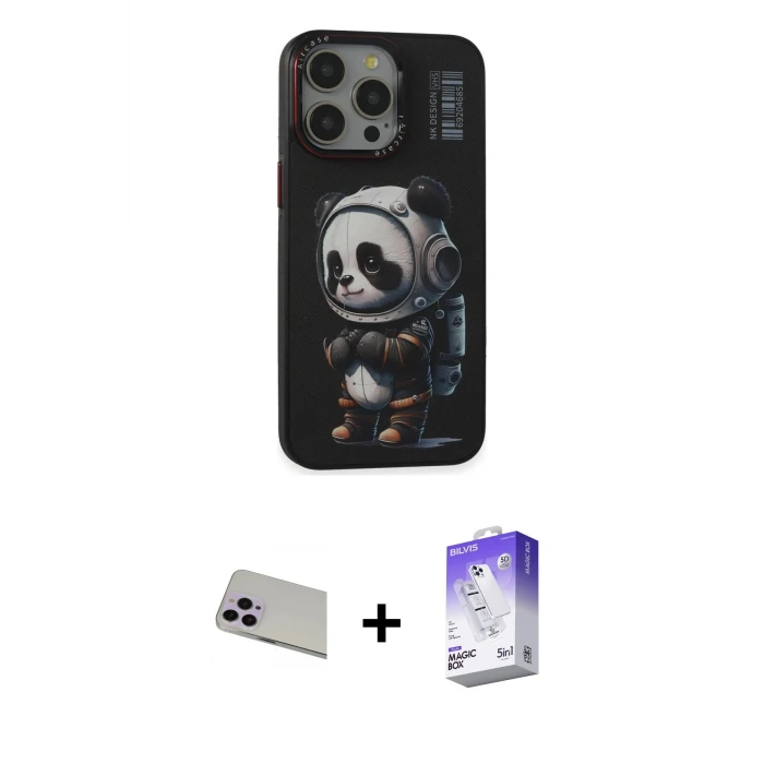 ieg™ iPhone 13 Pro Max Kılıf Siluet Modern Özel Seri - Siyah Bilvis 5in1 3D Magic Cam Ekran Koruyucu + Mor Rainbow Kamera Lens Koruma Cam