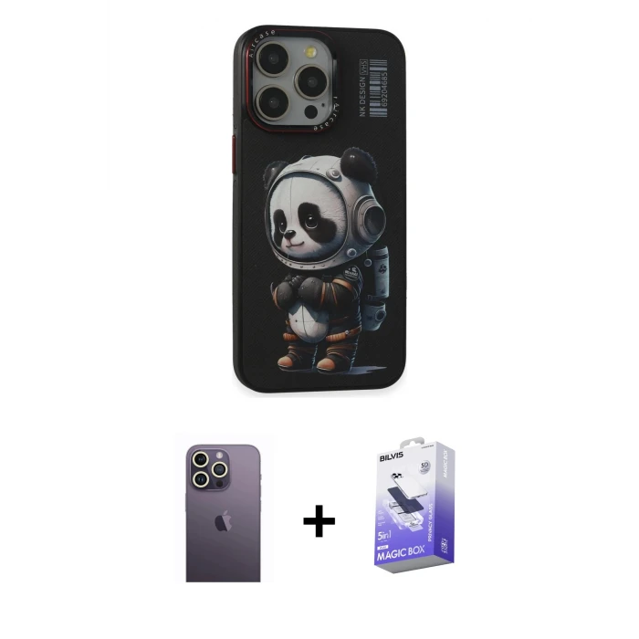 ieg™ iPhone 13 Pro Max Kılıf Siluet Modern Özel Seri - Siyah Bilvis 5in1 5D Magic Hayalet Cam Ekran Koruyucu + Beyaz Neon Fosforlu Kamera Lens