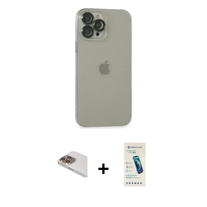 ieg™ iPhone 13 Pro Max Kılıf Ufuk Minimal Özel Seri - Şeffaf Pasifik Cam Ekran Koruyucu + Pers Alüminyum Kamera Lens - GD
