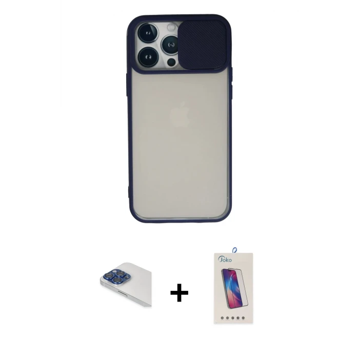ieg™ iPhone 13 Pro Max Kılıf Vadi Çizgi - Siyah Joko 5D Cam + Pers Alüminyum Kamera Lens - LT