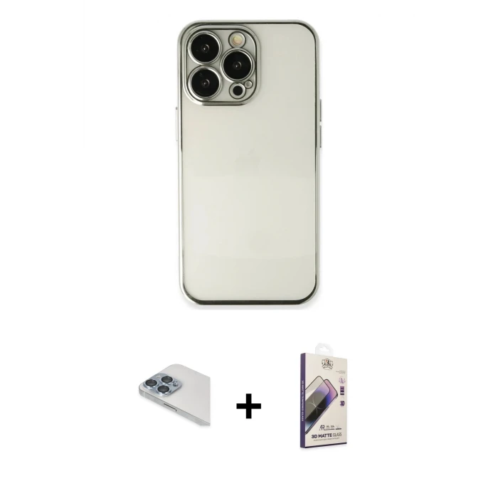 ieg™ iPhone 13 Pro Max Kılıf Vadi Minimal - Siyah Bilvis 3D Mat Cam Ekran Koruyucu + Sierra Blue Pers Alüminyum Kamera Lens