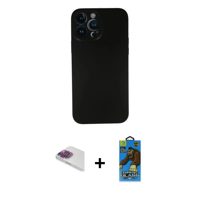 ieg™ iPhone 13 Pro Max Kılıf Yadigar Yansıma Serisi - Siyah 18D Cam Ekran Koruyucu + Pers Alüminyum Kamera Lens - GI