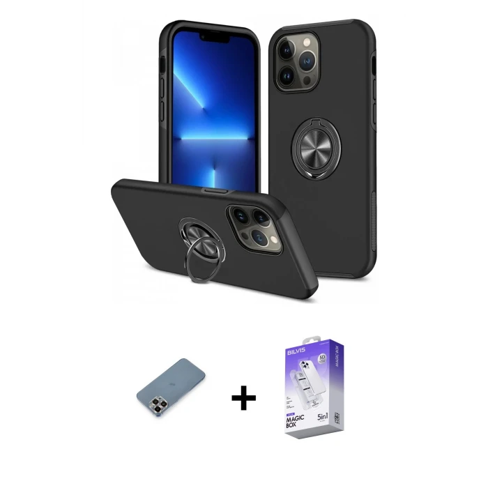 ieg™ iPhone 13 Pro Max Odak Form Prime - Siyah Bilvis 5in1 3D Magic Cam Ekran Koruyucu + Mor Metal Kamera Lens Koruma Cam