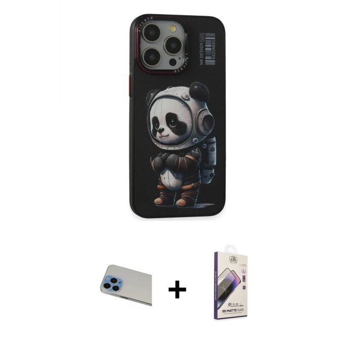 ieg™ iPhone 13 Pro Max Siluet Modern Özel Seri - Siyah Bilvis 3D Mat Cam Ekran Koruyucu + Mavi Rainbow Kamera Lens Koruma Cam