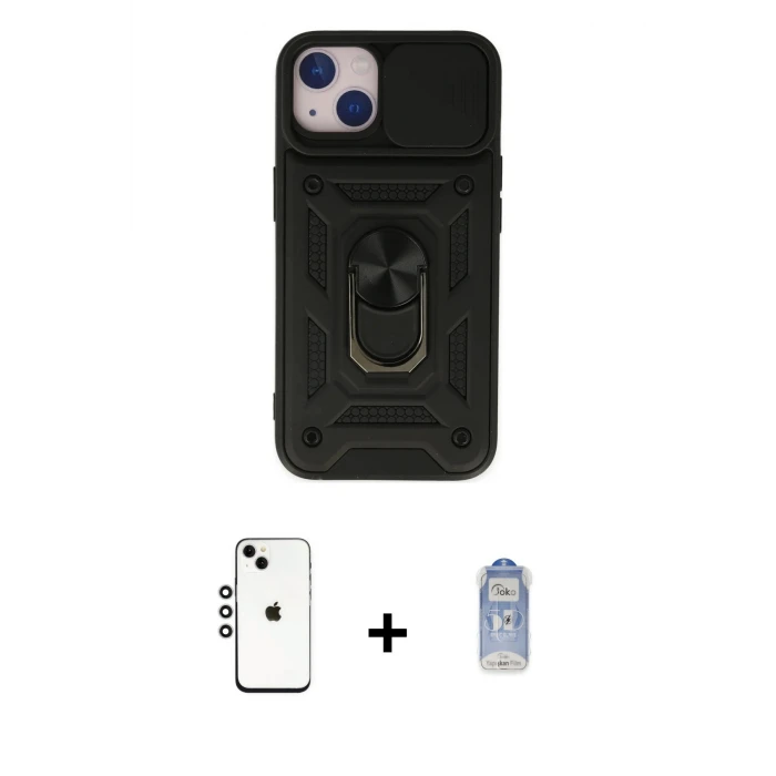 ieg™ iPhone 14 Ahenk Klasik - Siyah Joko Magic 5D Cam + Gümüş Shine Kamera Lens