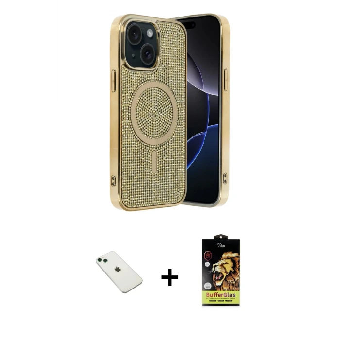 ieg™ iPhone 14 Eksen Çizgi - Siyah Buffer Cam Ekran Koruyucu + Yeşil Diamond Kamera Lens