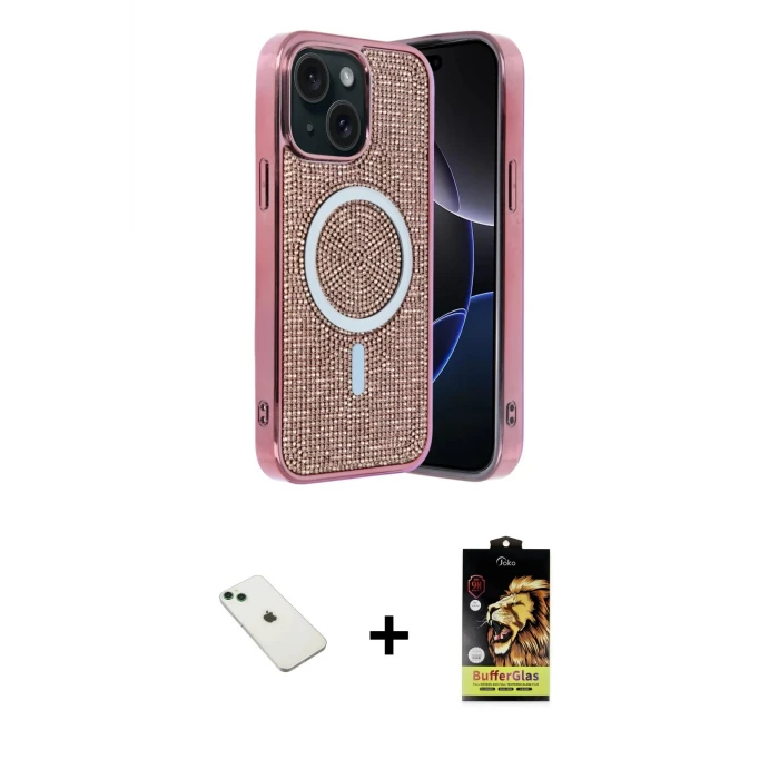 ieg™ iPhone 14 Eksen Çizgi - Siyah Buffer Cam Ekran Koruyucu + Yeşil Diamond Kamera Lens