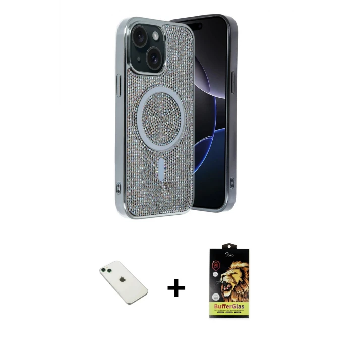ieg™ iPhone 14 Eksen Çizgi - Siyah Buffer Cam Ekran Koruyucu + Yeşil Diamond Kamera Lens