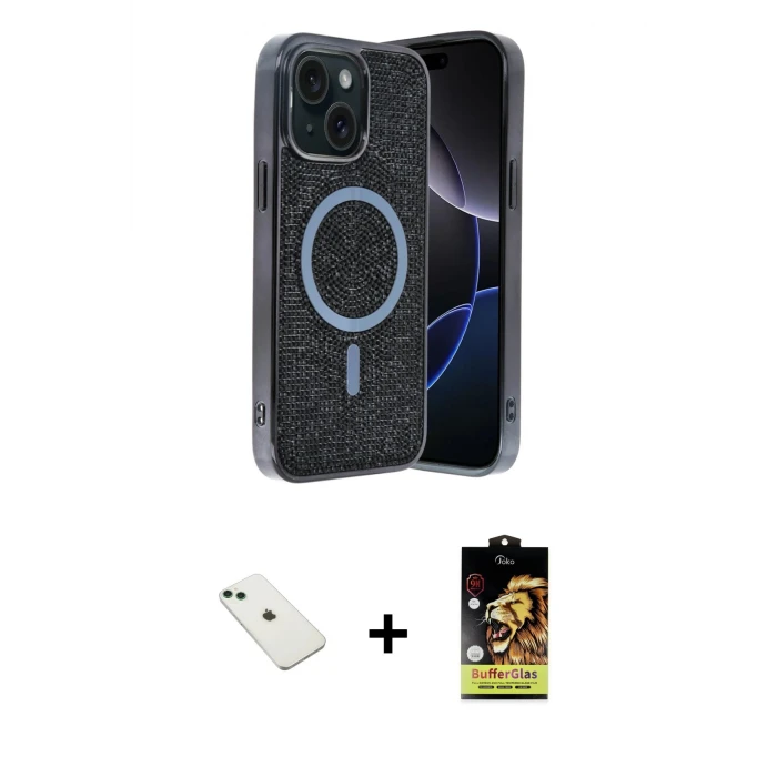 ieg™ iPhone 14 Eksen Çizgi - Siyah Buffer Cam Ekran Koruyucu + Yeşil Diamond Kamera Lens