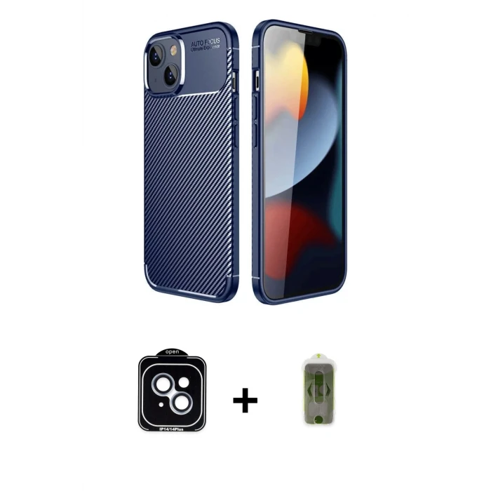 ieg™ iPhone 14 Eksen Form Prime - Siyah Joko Magic 5D Hayalet Cam + Mavi PVD Metal Kamera Lens