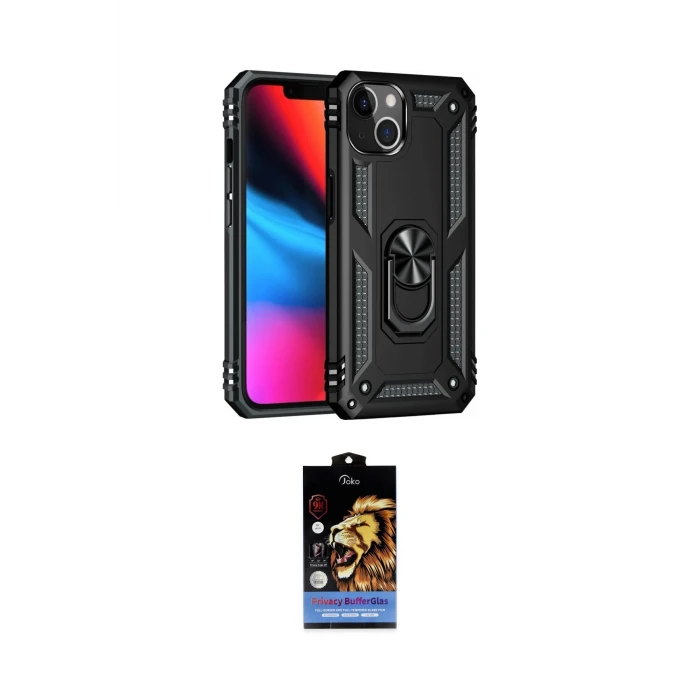 ieg™ iPhone 14 Kılıf Ahenk Klasik Koleksiyonu - Siyah Buffer Hayalet Cam Ekran Koruyucu