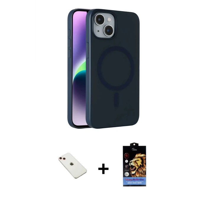 ieg™ iPhone 14 Kılıf Çekirdek Modern Prime - Siyah Buffer Hayalet Cam Ekran Koruyucu + Diamond Kamera Lens - KI