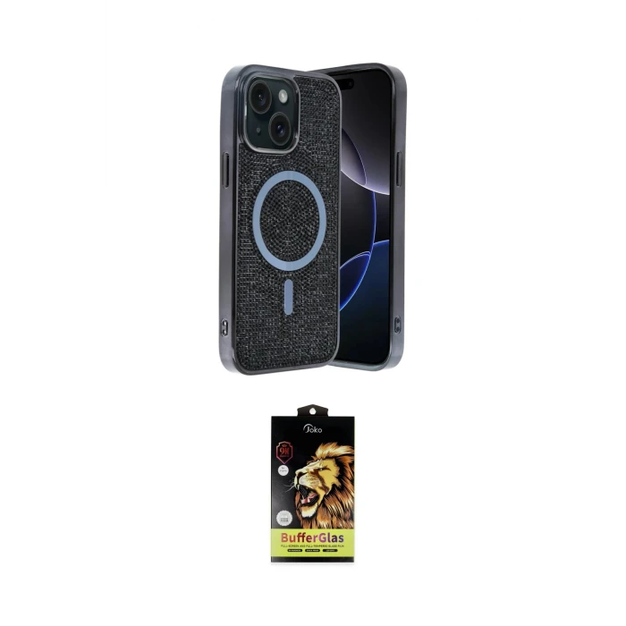 ieg™ iPhone 14 Kılıf Eksen Çizgi - Siyah Buffer Cam Ekran Koruyucu