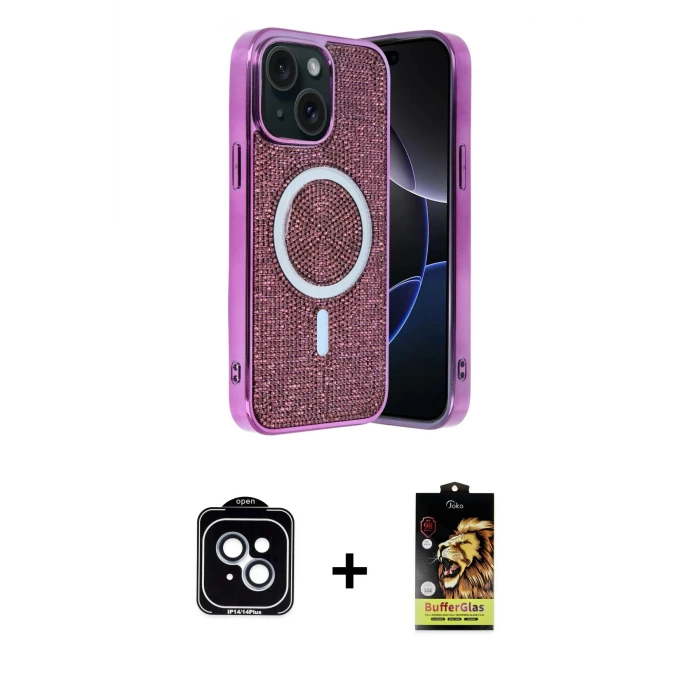 ieg™ iPhone 14 Kılıf Eksen Çizgi - Siyah Buffer Cam Ekran Koruyucu + PVD Metal Kamera Lens - MI