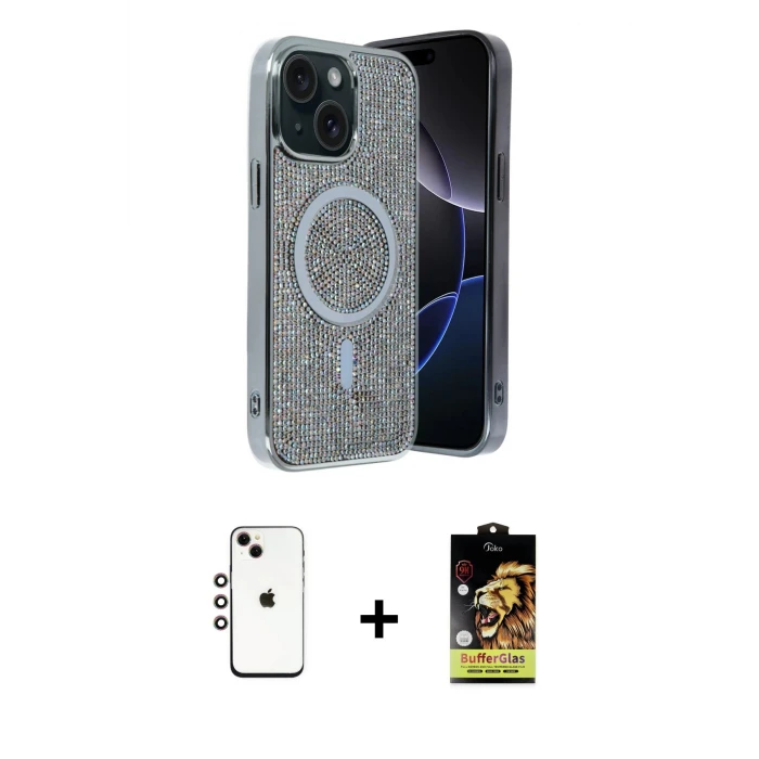 ieg™ iPhone 14 Kılıf Eksen Çizgi - Siyah Buffer Cam Ekran Koruyucu + Shine Kamera Lens - GI