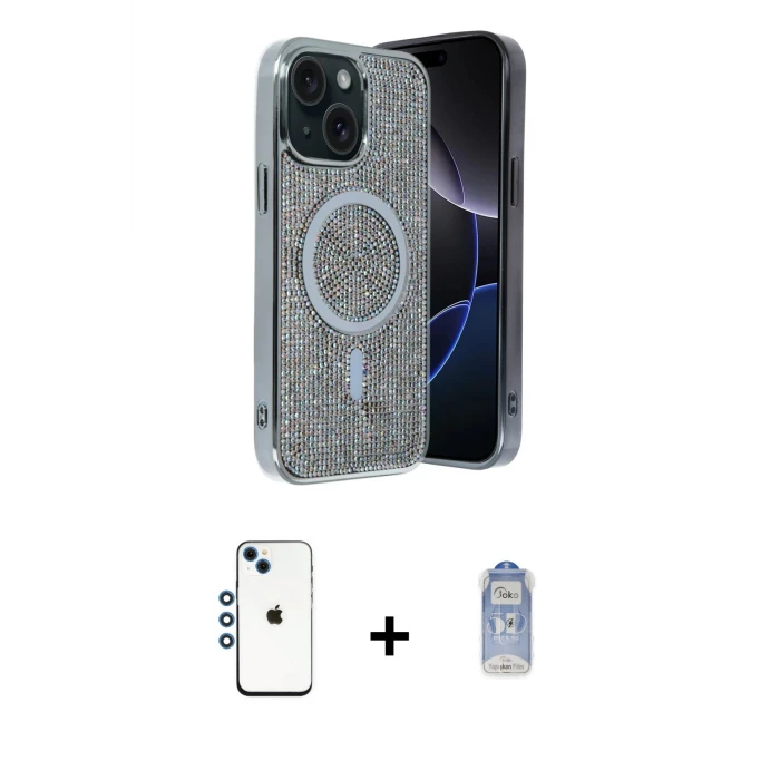 ieg™ iPhone 14 Kılıf Eksen Çizgi - Siyah Joko Magic 5D Cam + Shine Kamera Lens - MI