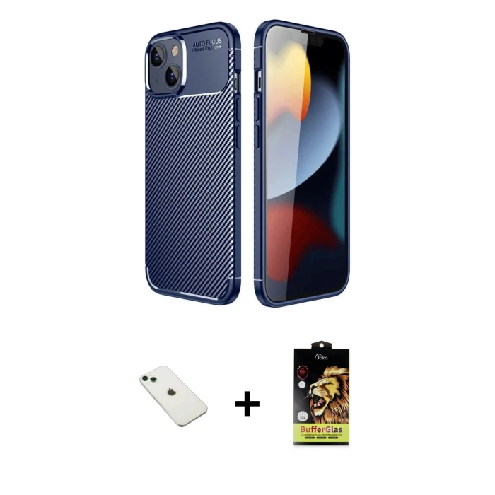 ieg™ iPhone 14 Kılıf Eksen Form Prime - Siyah Buffer Cam Ekran Koruyucu + Diamond Kamera Lens - YL