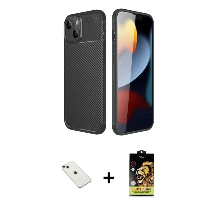 ieg™ iPhone 14 Kılıf Eksen Form Prime - Siyah Buffer Cam Ekran Koruyucu + Diamond Kamera Lens - YL