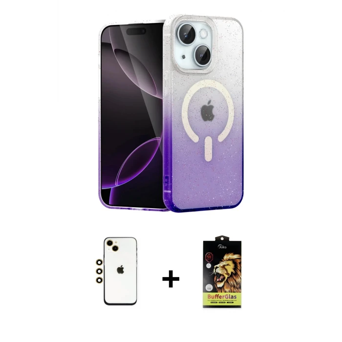 ieg™ iPhone 14 Kılıf Eksen Minimal Özel Seri - Siyah Buffer Cam Ekran Koruyucu + Shine Kamera Lens - GD
