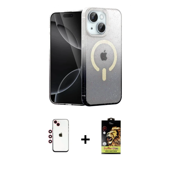 ieg™ iPhone 14 Kılıf Eksen Minimal Özel Seri - Siyah Buffer Cam Ekran Koruyucu + Shine Kamera Lens - KI