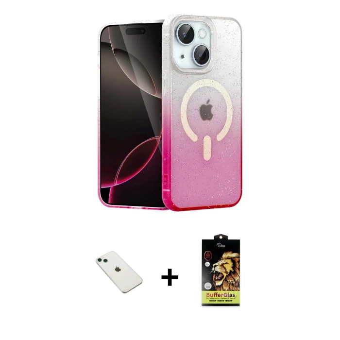 ieg™ iPhone 14 Kılıf Eksen Minimal Özel Seri - Siyah Buffer Cam Ekran Koruyucu + Yeşil Diamond Kamera Lens