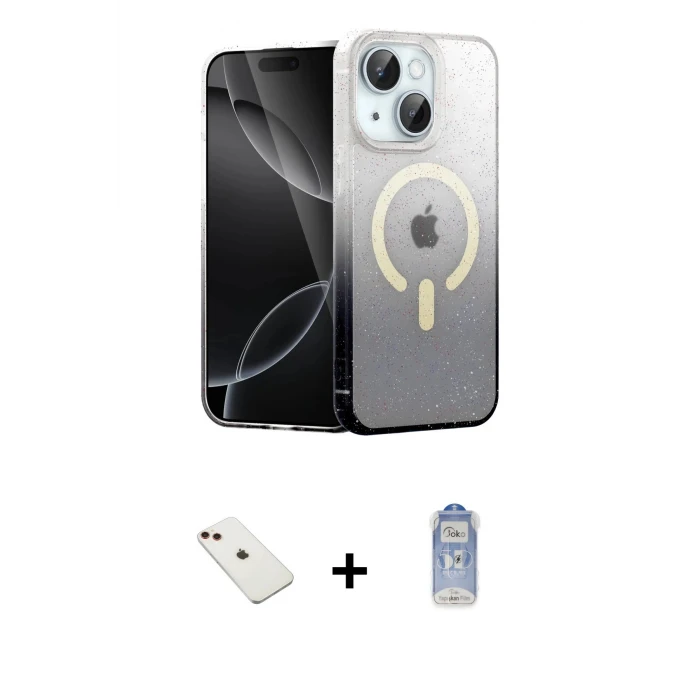 ieg™ iPhone 14 Kılıf Eksen Minimal Özel Seri - Siyah Joko Magic 5D Cam + Diamond Kamera Lens - KI