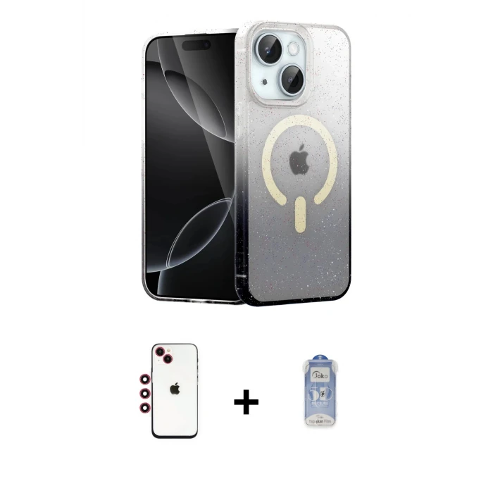 ieg™ iPhone 14 Kılıf Eksen Minimal Özel Seri - Siyah Joko Magic 5D Cam + Shine Kamera Lens - KI