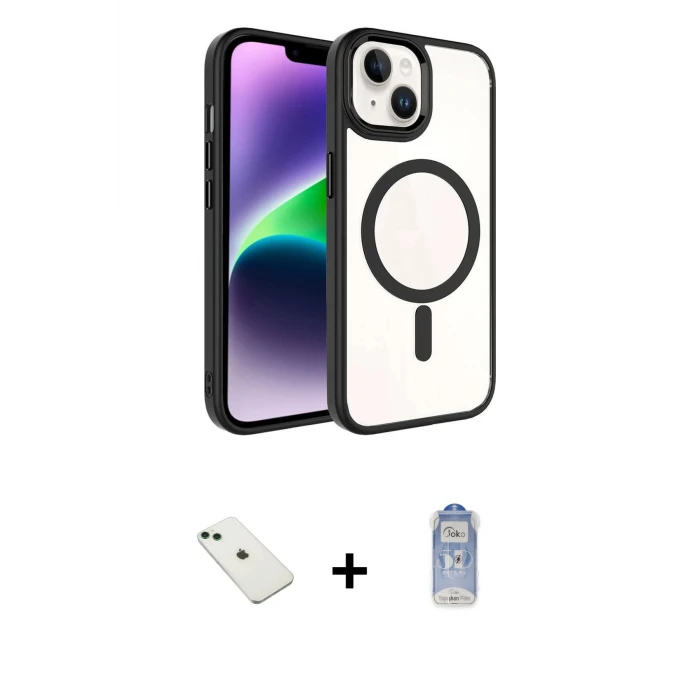 ieg™ iPhone 14 Kılıf Kıvılcım Prime - Siyah Joko Magic 5D Cam + Diamond Kamera Lens - YL