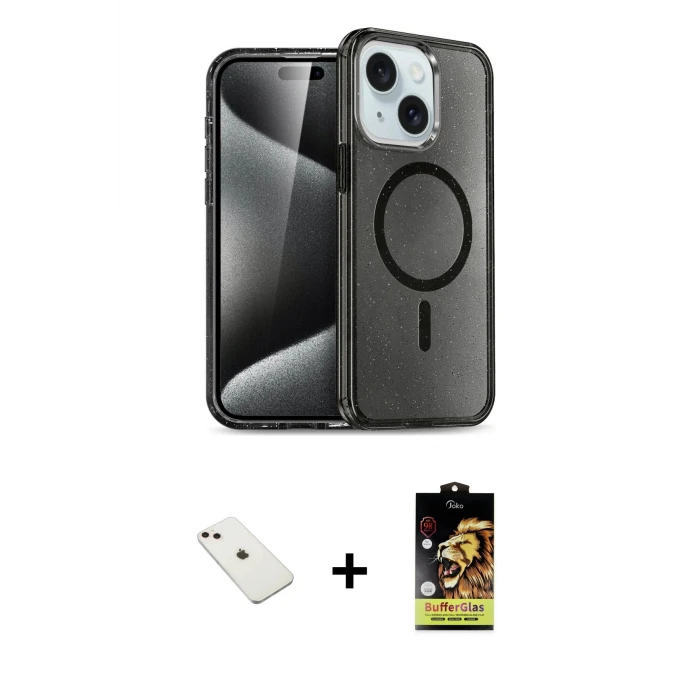 ieg™ iPhone 14 Kılıf Nova Asil Prime - Siyah Buffer Cam Ekran Koruyucu + Pembe Diamond Kamera Lens