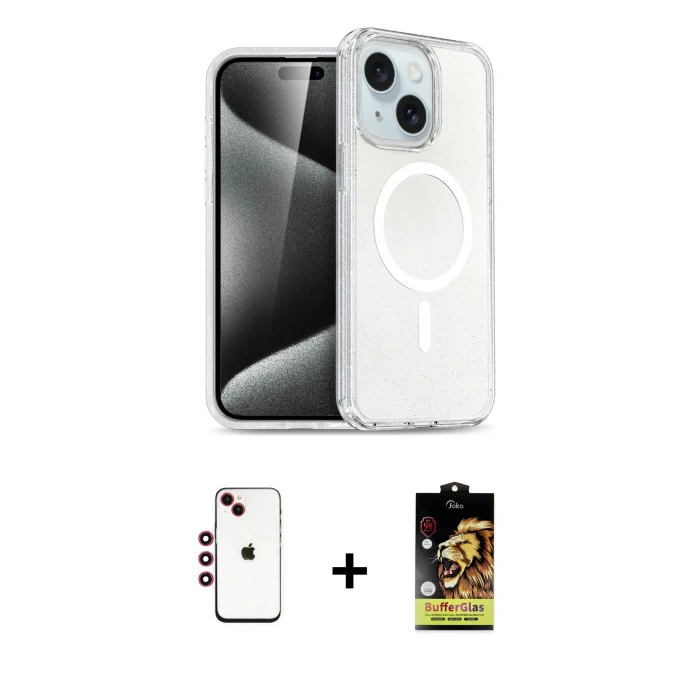 ieg™ iPhone 14 Kılıf Nova Asil Prime - Siyah Buffer Cam Ekran Koruyucu + Shine Kamera Lens - KI