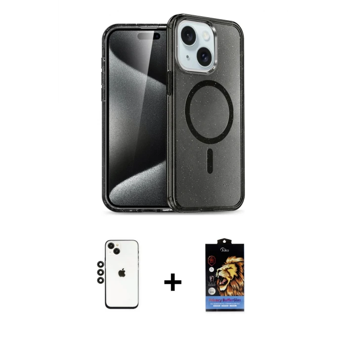 ieg™ iPhone 14 Kılıf Nova Asil Prime - Siyah Buffer Hayalet Cam Ekran Koruyucu + Shine Kamera Lens - SH