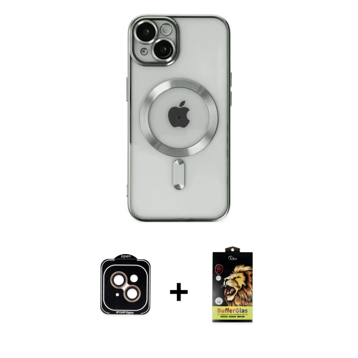 ieg™ iPhone 14 Kılıf Nova Işık Özel Seri - Siyah Buffer Cam Ekran Koruyucu + Turuncu PVD Metal Kamera Lens