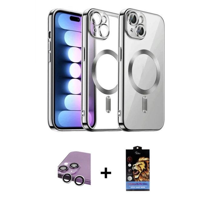 ieg™ iPhone 14 Kılıf Nova Işık Özel Seri - Siyah Buffer Hayalet Cam Ekran Koruyucu + Raze Metal Kamera Lens - GS