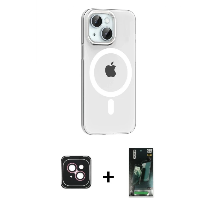 ieg™ iPhone 14 Kılıf Pusula Form Özel Seri - Şeffaf 360 Full Body Arka Koruyucu + PVD Metal Kamera Lens - PE