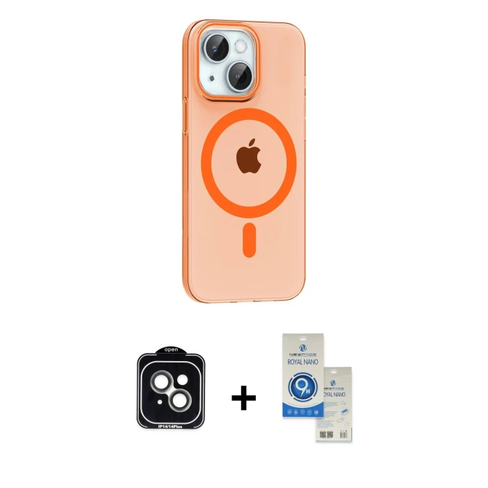 ieg™ iPhone 14 Kılıf Pusula Form Özel Seri - Şeffaf Royal Nano Ekran Koruyucu + Yeşil PVD Metal Kamera Lens