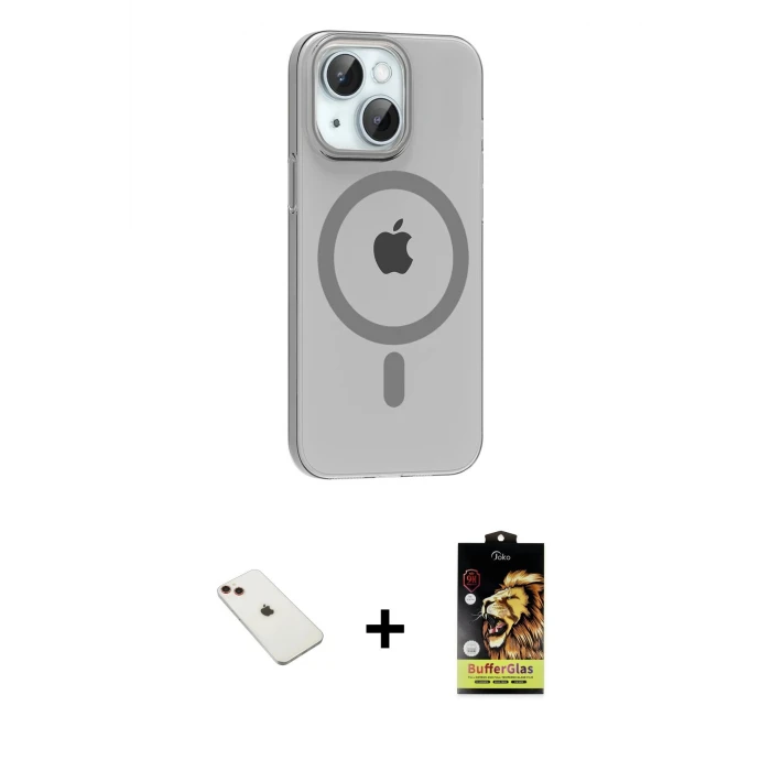 ieg™ iPhone 14 Kılıf Pusula Form Özel Seri - Siyah Buffer Cam Ekran Koruyucu + Diamond Kamera Lens - KI