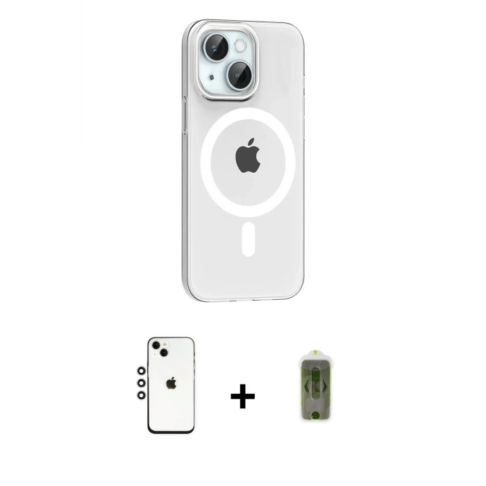 ieg™ iPhone 14 Kılıf Pusula Form Özel Seri - Siyah Joko Magic 5D Hayalet Cam + Gümüş Shine Kamera Lens