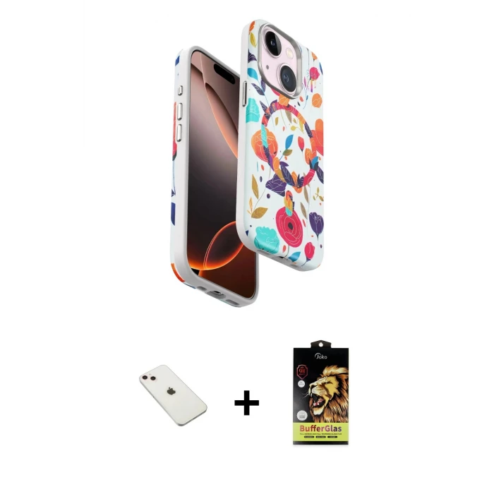 ieg™ iPhone 14 Kılıf Siluet Doku - Siyah Buffer Cam Ekran Koruyucu + Pembe Diamond Kamera Lens