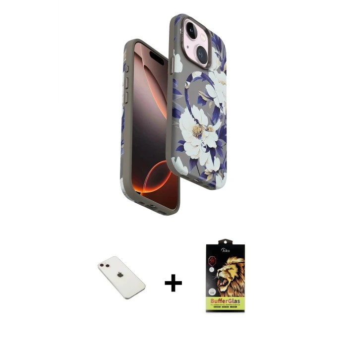 ieg™ iPhone 14 Kılıf Siluet Doku - Siyah Buffer Cam Ekran Koruyucu + Pembe Diamond Kamera Lens