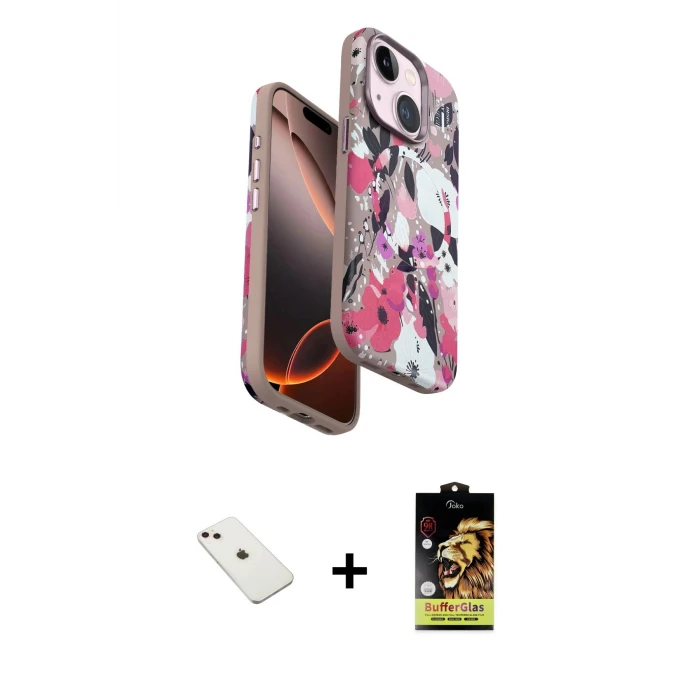 ieg™ iPhone 14 Kılıf Siluet Doku - Siyah Buffer Cam Ekran Koruyucu + Pembe Diamond Kamera Lens