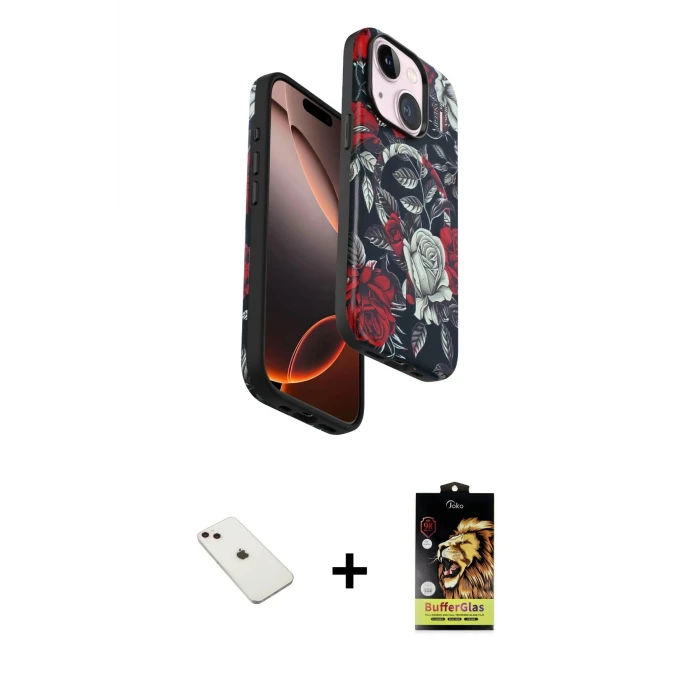 ieg™ iPhone 14 Kılıf Siluet Doku - Siyah Buffer Cam Ekran Koruyucu + Pembe Diamond Kamera Lens