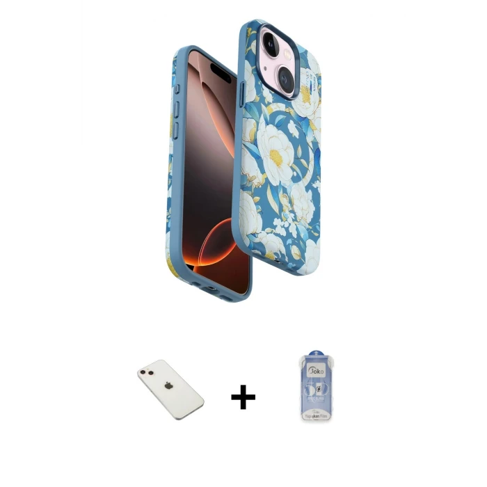 ieg™ iPhone 14 Kılıf Siluet Doku - Siyah Joko Magic 5D Cam + Pembe Diamond Kamera Lens