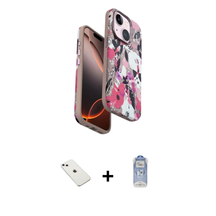ieg™ iPhone 14 Kılıf Siluet Doku - Siyah Joko Magic 5D Cam + Pembe Diamond Kamera Lens